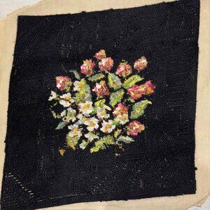 Vintage Needlepoint Chair Seat Cover - Black w/floral, strawberries